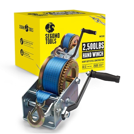 Segomo Tools Heavy Duty 2500 Pound Manual, Two Way Ratchet 32.2 Foot Long Nylon Strap Hand Winch HW2500